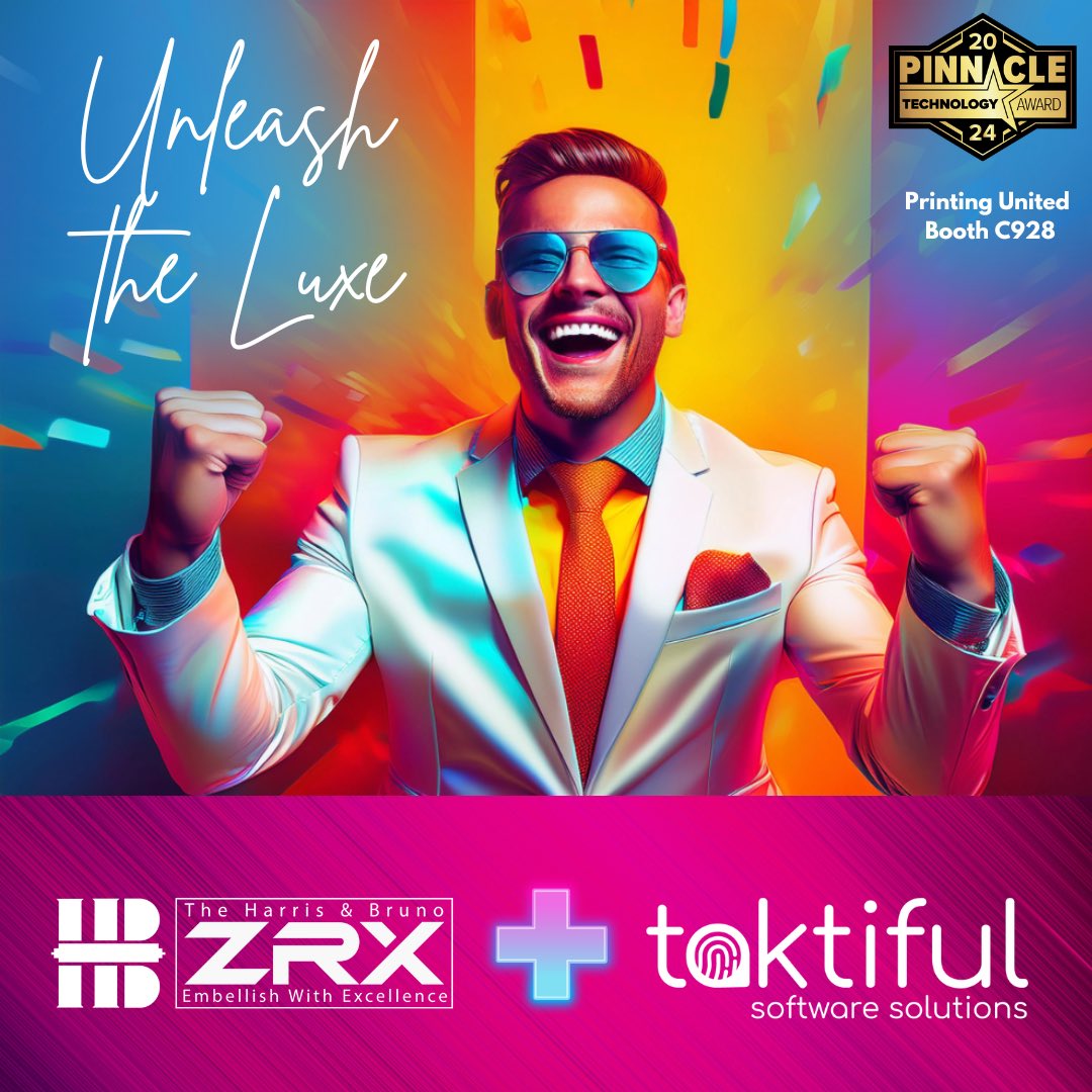 Unleash the LUXE at <a href="/PRINTINGUnited/">PRINTING United Alliance</a> Expo with the <a href="/taktifulSvcs/">taktiful</a> x <a href="/HarrisBruno/">Harris & Bruno International</a> Collab!  See what happens when you mix state of the art digital embellishment equipment with award winning ai software made specifically for digital print embellishments.   See the magic on Booth 928!