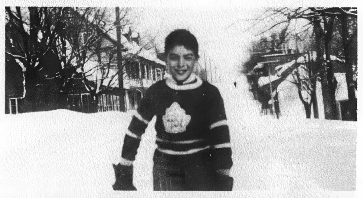 Roch Carrier as a kid in his famous Toronto Maple Leafs sweater in the 1940s in Quebec