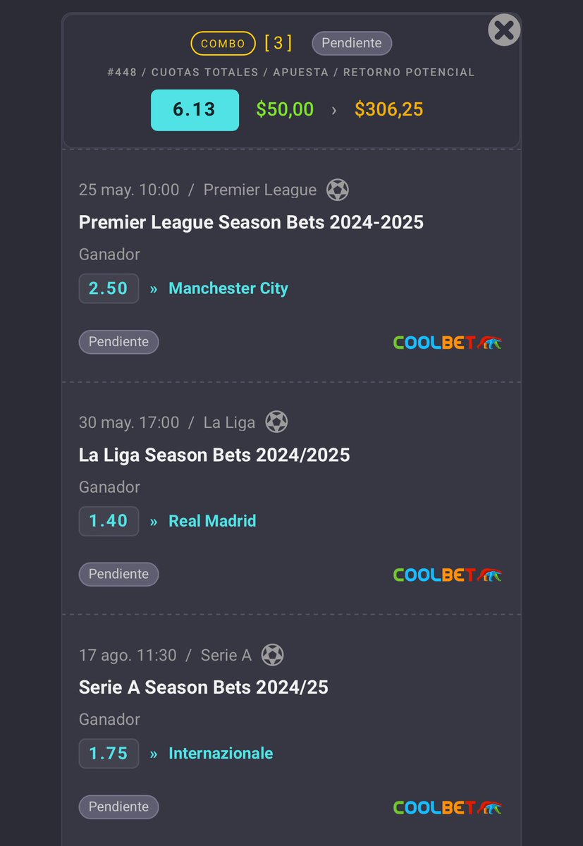 jamolestina's tweet photo. Les presento mi #ChequeAFecha para las ligas europeas en @CoolbetEcuador 

Para mí:
Real Madrid va a ganar la liga española
Manchester City va a ganar la liga inglesa
Inter va a ganar la liga italiana

Estas líneas especiales están habilitadas en Coolbet y por ejemplo esa combinación paga 6.13 a 1. 

Yo le meteré $50 y si acierto las 3, ganaré más de $300. 

¿Están de acuerdo conmigo?
¿Uds a quien le meterían? 

Reto a @SebasDecker @apugolec y @johacalderon11 a decir los suyos.