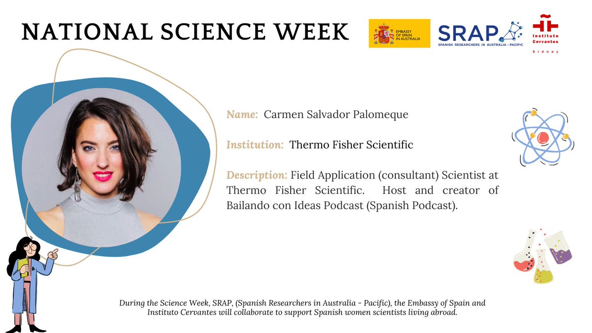 During the 🔬#ScienceWeek, <a href="/srap_ieap/">SRAP-IEAP</a> , the <a href="/EmbEspAustralia/">Embajada España en Australia - Embassy of Spain AU</a> and <a href="/IC_Sydney/">Instituto Cervantes Sídney</a> will collaborate to support Spanish women scientists living abroad. 🧬 🇪🇸 Today we spotlight Carmen Salvador Palomeque.