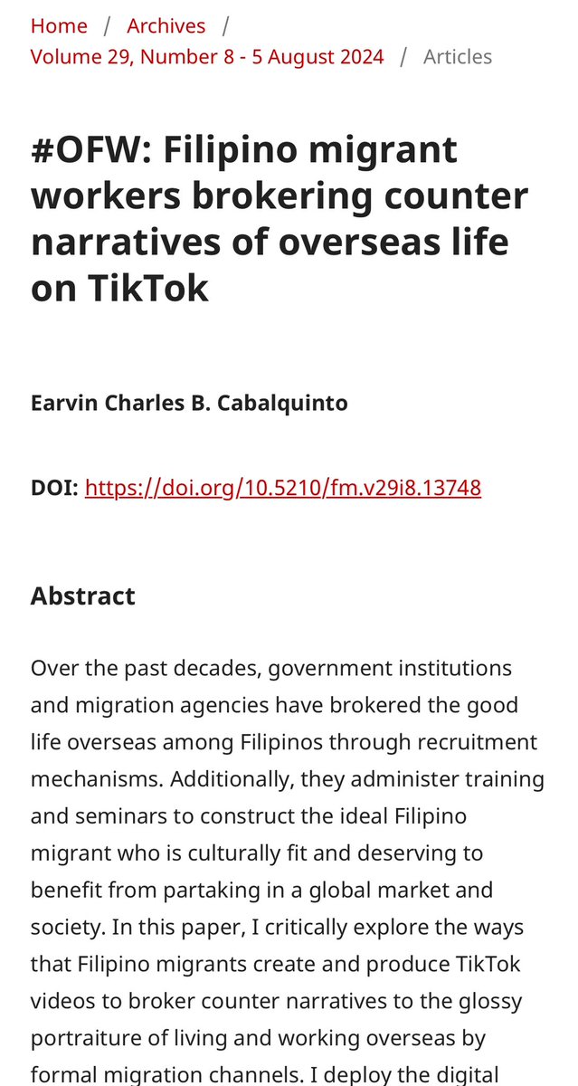 Earvin Charles B. Cabalquinto, PhD (@earvsc) on Twitter photo OUT NOW! My work on OFWs brokering countering narratives of overseas life on #TikTok. I deploy a digital brokering lens in a migration context. Part of a Special Issue on migration narratives on social media edited by <a href="/triandafyllidou/">Anna Triandafyllidou</a> and <a href="/steinmonteiro/">Stein Monteiro</a>. firstmonday.org/ojs/index.php/… OUT NOW! My work on OFWs brokering countering narratives of overseas life on #TikTok. I deploy a digital brokering lens in a migration context. Part of a Special Issue on migration narratives on social media edited by <a href="/triandafyllidou/">Anna Triandafyllidou</a> and <a href="/steinmonteiro/">Stein Monteiro</a>. firstmonday.org/ojs/index.php/…