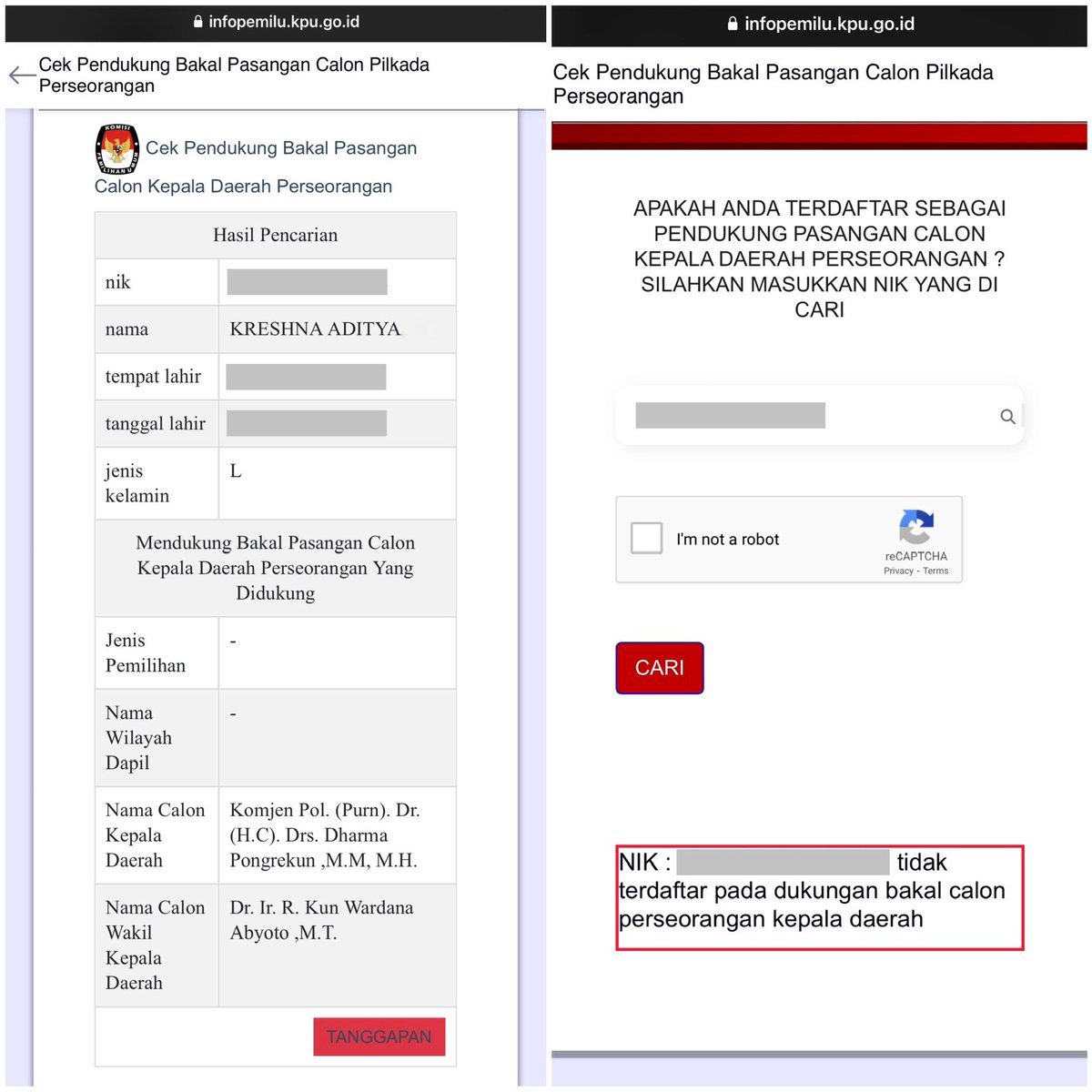 Yup, saya juga kena, saudara2… Yg sebelah kanan KTP istri aman. Mau cek juga ah, keluarga, tetangga, sama kolega berapa banyak yg ikut kena.

Buat yg mau cek KTP-nya bisa di sini: infopemilu.kpu.go.id/Pemilihan/cek_…