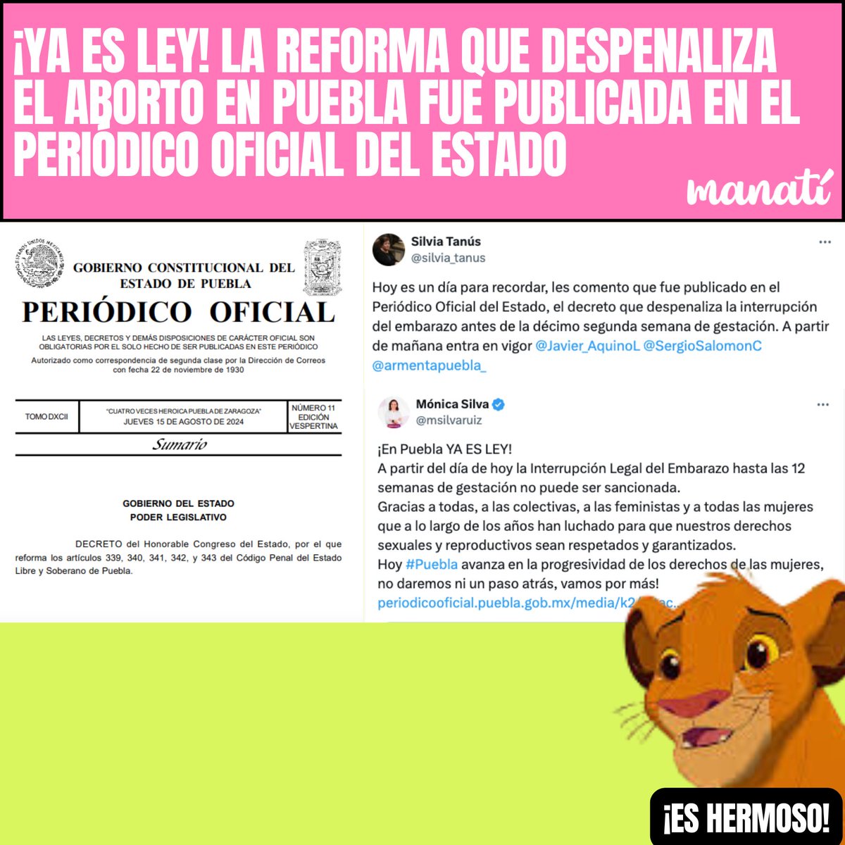 🟢✨| ¿Vieron?

🟣Hoy el <a href="/POE_Puebla/">Periódico Oficial del Estado de Puebla</a> publicó la reforma que despenalizar el aborto en Puebla.

🟣Oficialmente, las mujeres que interrumpan su embarazo hasta las 12 semanas de gestación dejarán de ser criminalizadas.

🟣Hace un mes el <a href="/CongresoPue/">H. Congreso de Puebla</a> lo aprobó.