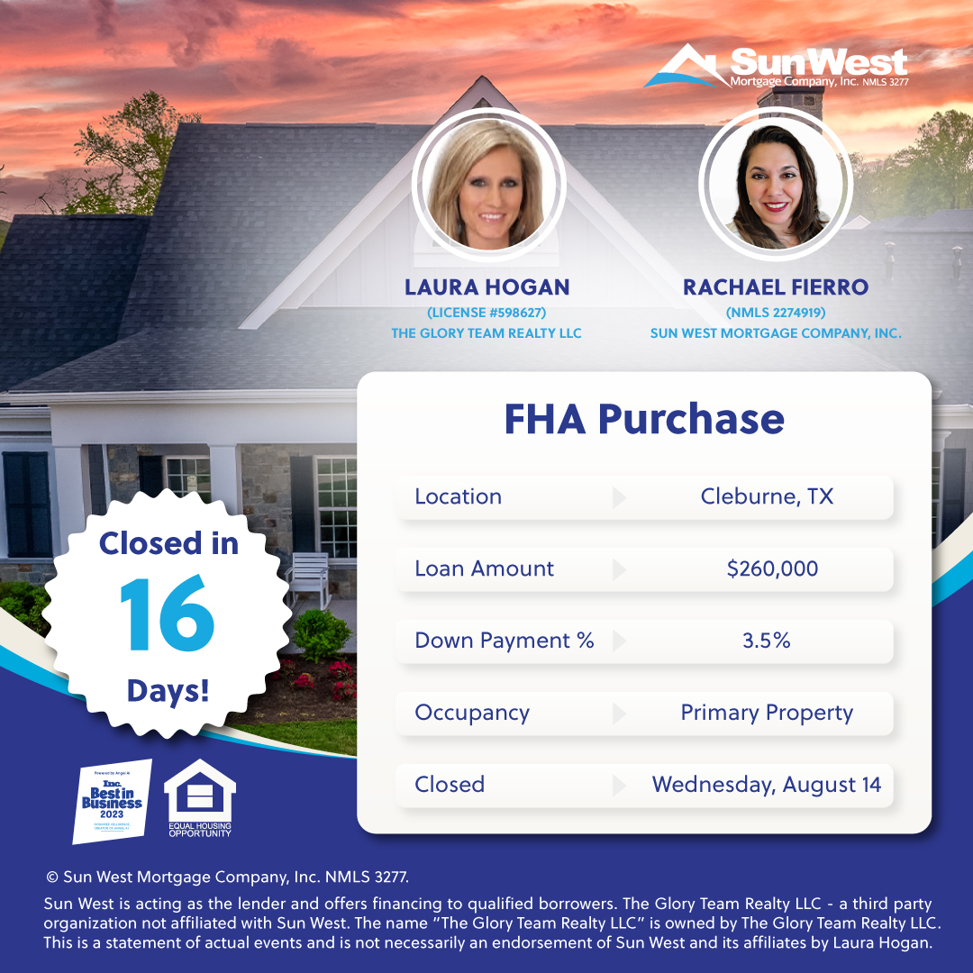 BanerjeeIrwin's tweet photo. Special thanks to Laura Hogan for trusting Sun West and Rachael Fierro to finance the sale of her listing. Closed in 16 days!

#happyhomeowners #purchase #fha #loanclosedfast #sunwestmortgage #wegetyou #mytruehome #feelgood #AngelAi #technology #homeloans #empathetictechnology https://t.co/SGAZw7JRsD