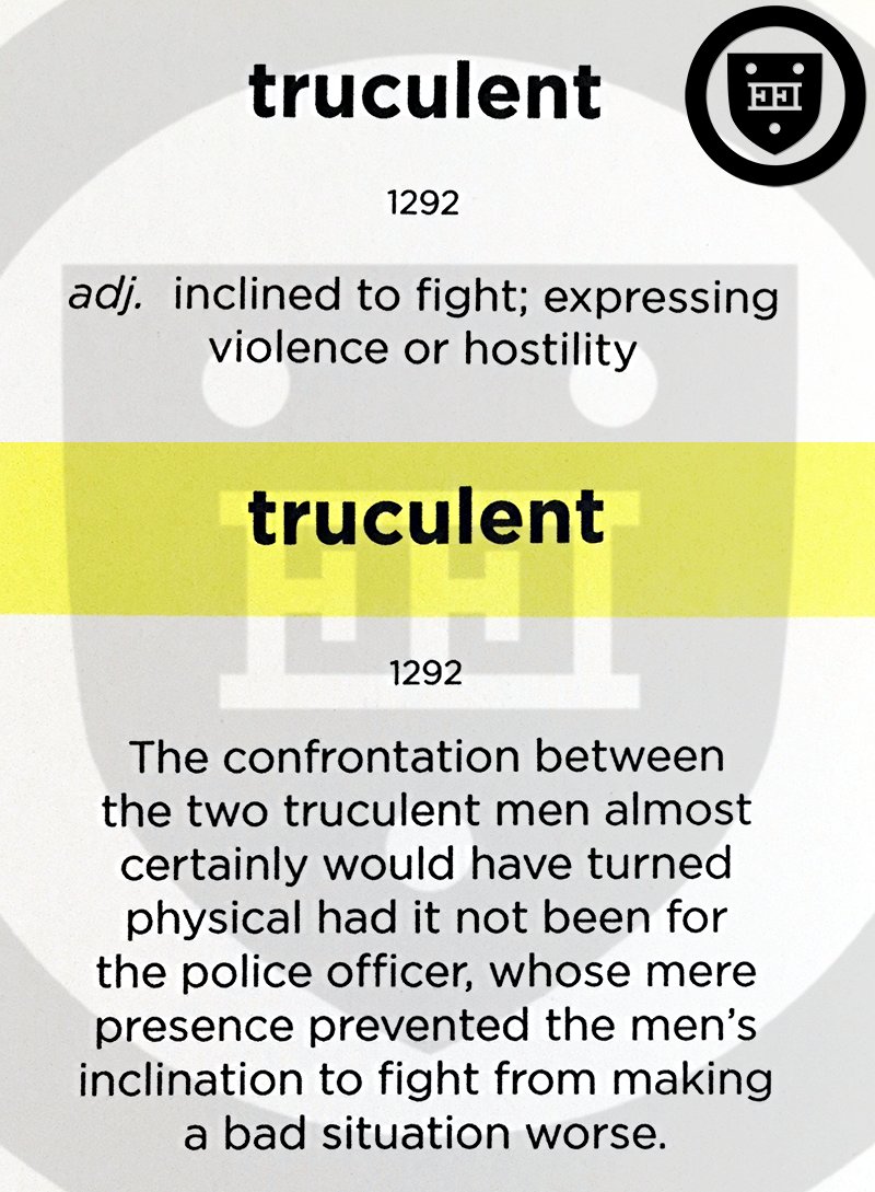 Truculent

[ TRUHK-yuh-luhnt ]

(adj.) inclined to fight; expressing violence or hostility

#vocabulary #WordoftheDay