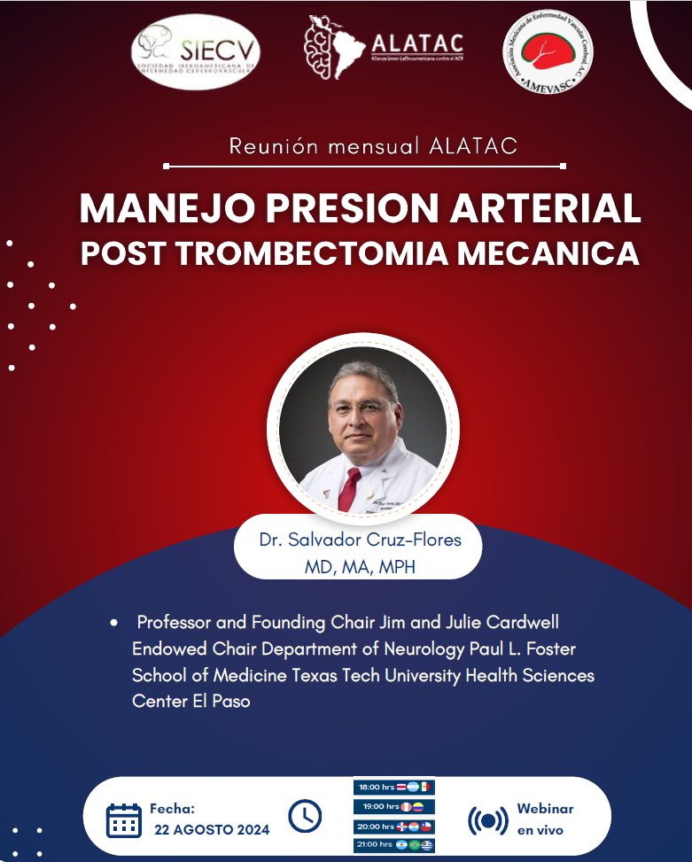 🤩Estamos muy emocionados de invitarlos a nuestra próxima reunión mensual #ALATAC

🎯Manejo de la #Presión Arterial post #Trombectomía Mecánica

✨Con speaker de lujo💎
🧠Dr Salvador Cruz-Flores, neurólogo vascular y neurointensivista @TTUHSCEP <a href="/umcelpaso/">UMC El Paso</a>

udecr.zoom.us/j/85783963690?…