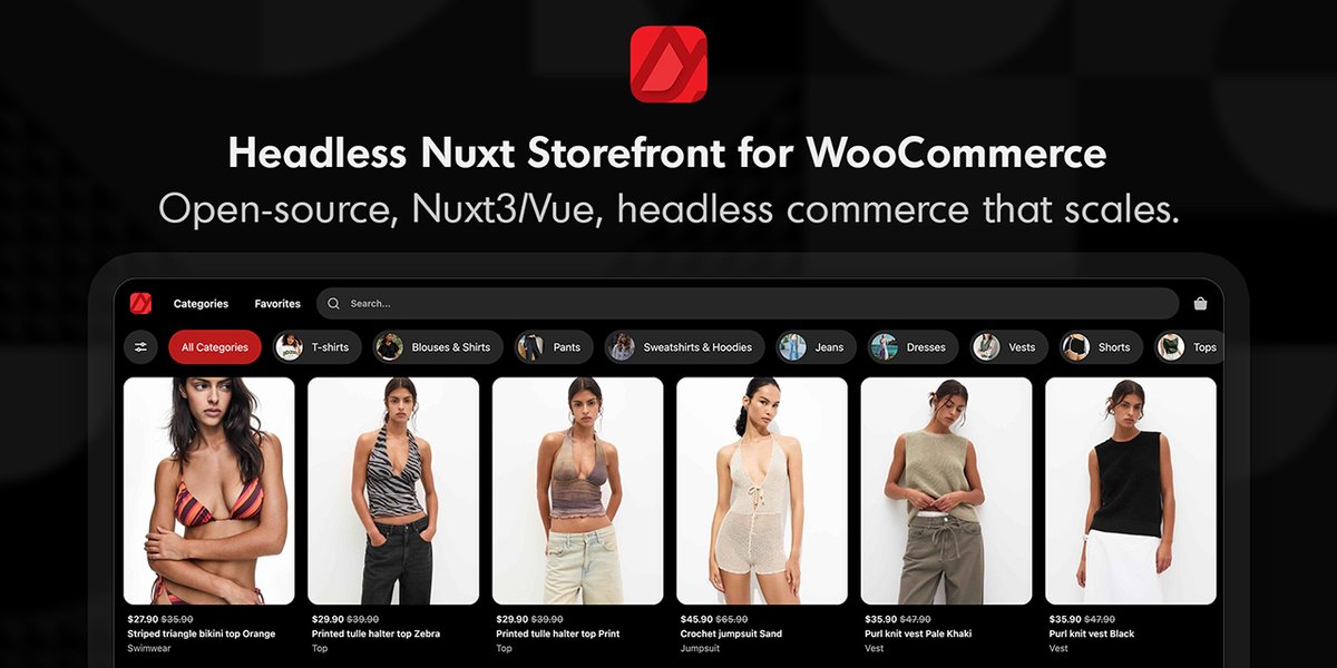 ZHatlen's tweet image. NuxtCommerce
- Nuxt3 / Vue
- Headless Storefront 
- Developed for WooCommerce 
- Dynamic 
- Open Source
- NUXT UI / Tailwind CSS
👉 commerce.nuxt.dev
👉 github.com/zackha/nuxtcom…
@nuxt_js
@wpgraphql
@woographql
#headless #ecommerce #woocommerce #wordpress #webdevelopment