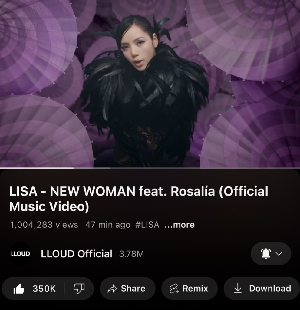 LISA - NEW WOMAN feat. ROSALÍA (Official Music Video) has surpassed 1 million views and 350K likes in 47 mins on YouTube! 

NEW WOMAN OUT NOW 
#LISAxROSALÍA 
#LISAxNEWWOMAN
