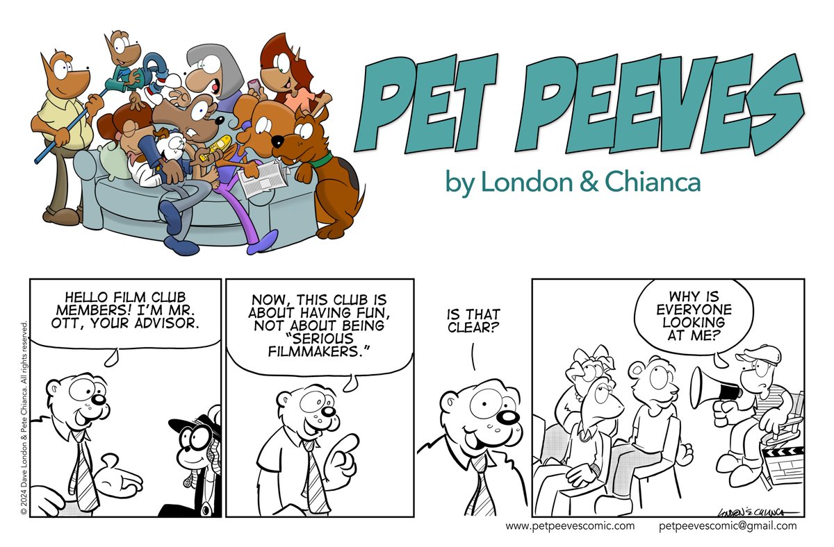PetPeevesComic's tweet image. Pet Peeves, Aug. 15, 2024: What Freddy really wants to do is direct. (Get "Nerd Dad!" Check out petpeevescomic.com/books.) #film #cinema #directing #comicstrip #humor
