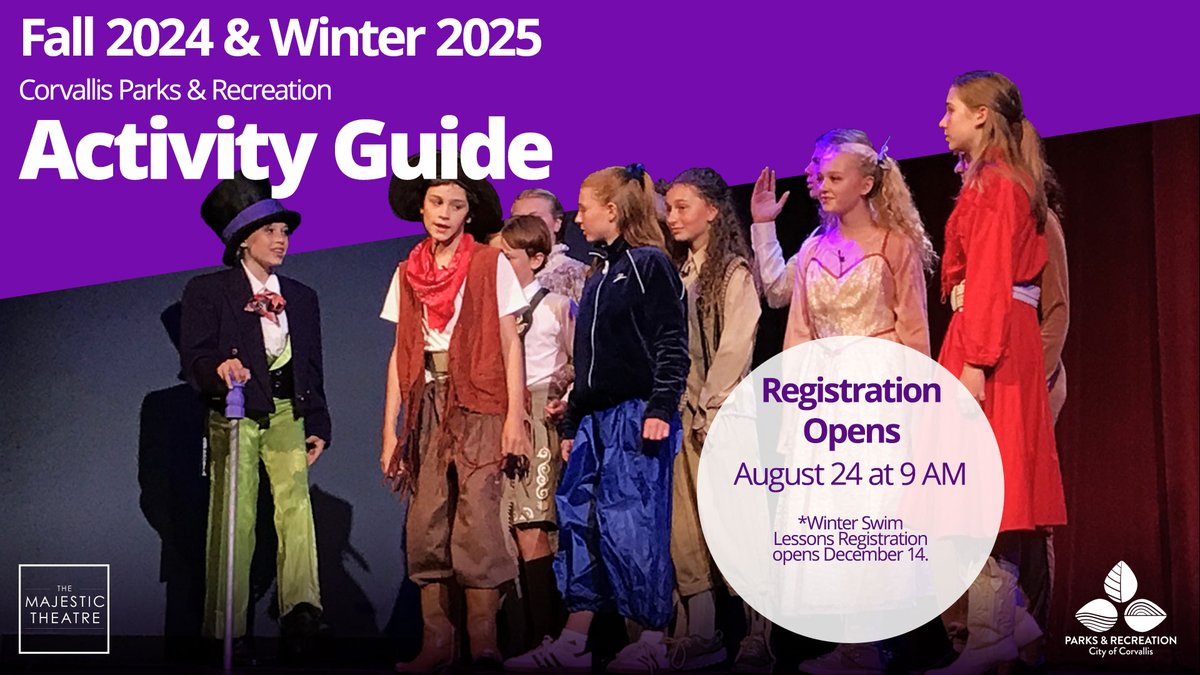 TheMajesticThtr's tweet image. Our online registration makes it quick and easy to register you and your family for our upcoming activities! Registration opens on August 24th, at 9:00am. 

See the Activity Guide:
tinyurl.com/2zxt273m

#corvallis #corvallisparksandrec #activityguide #communityactivities