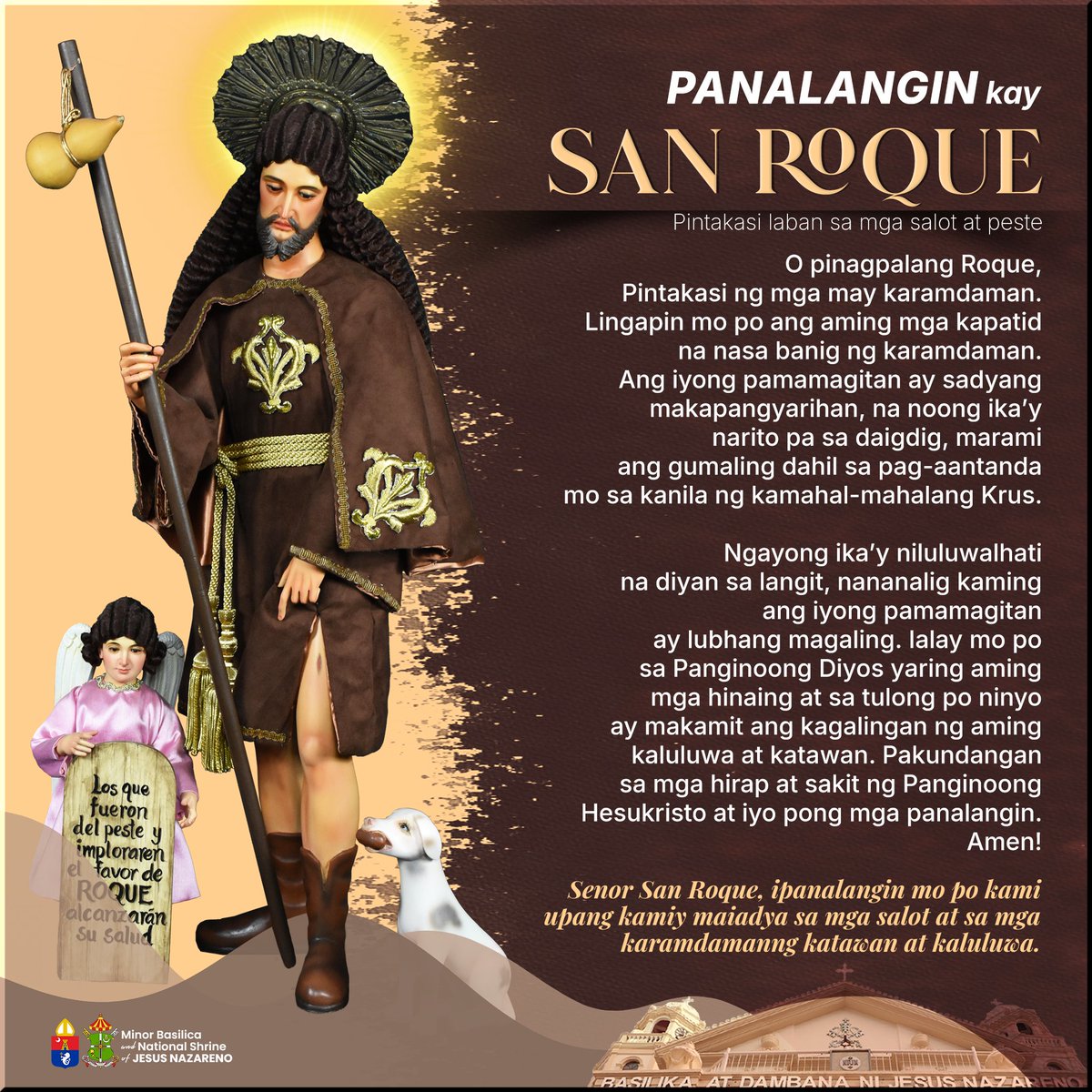 quiapochurch's tweet image. SAN ROQUE, nagpapagaling
Pintakasi laban sa mga salot at peste
16 Agosto, Paggunita

Señor San Roque, ipanalangin mo po kami upang kamiy maiadya sa salot na Covid-19 at sa mga karamdaman ng katawan at kaluluwa.

#SanRoque #SaintRoch #SaintRock #SaintOfTheDay #QuiapoChurch