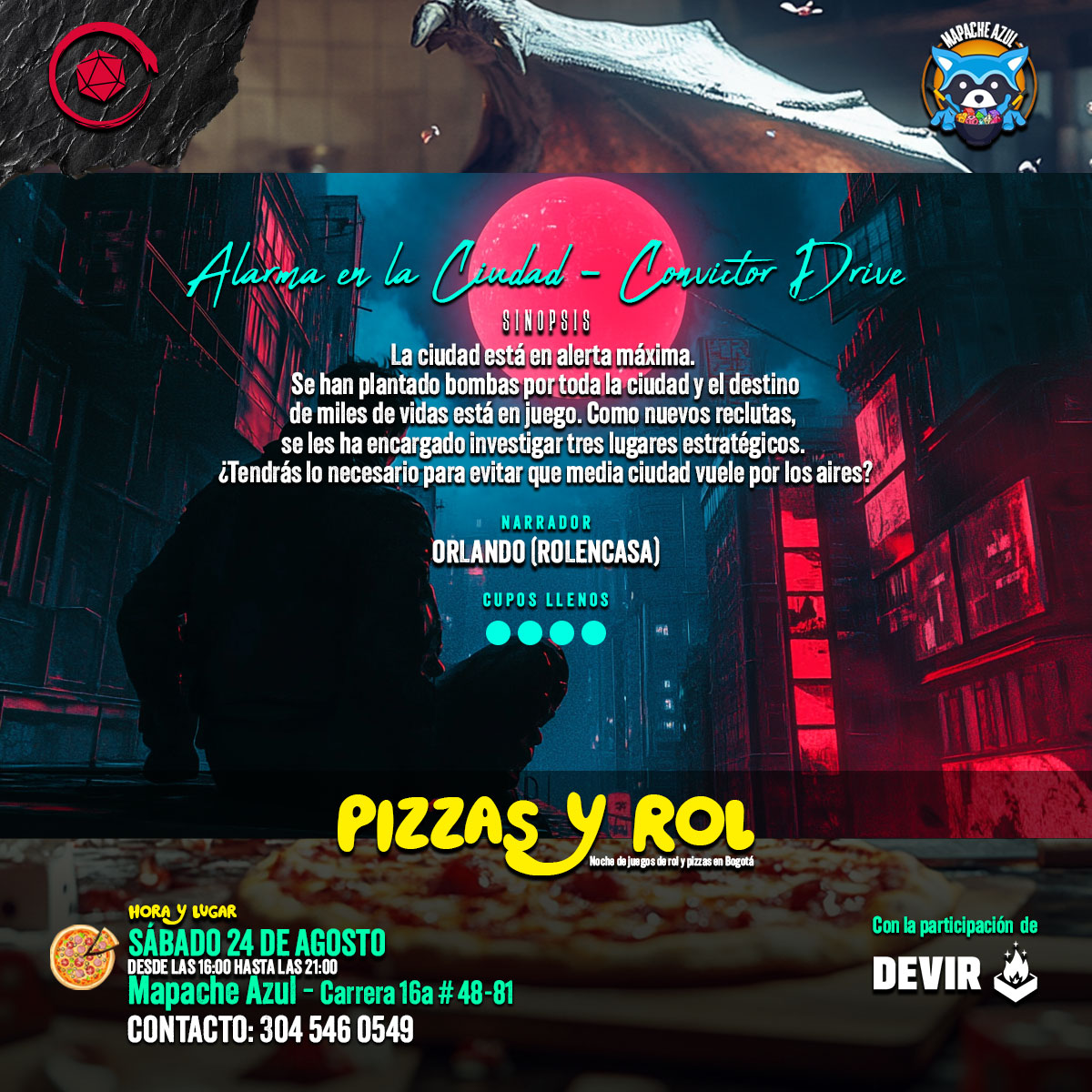 RolenCasa's tweet photo. Les veré el sábado 24 de agosto en Mapache Azul.
Tendremos a Iki de @deveinte_rol  y Nico de @EstonoesDnD como narradores, además del apoyo de @DevirColombia.
¡Gracias por unirse! https://t.co/f2drNWu8y2