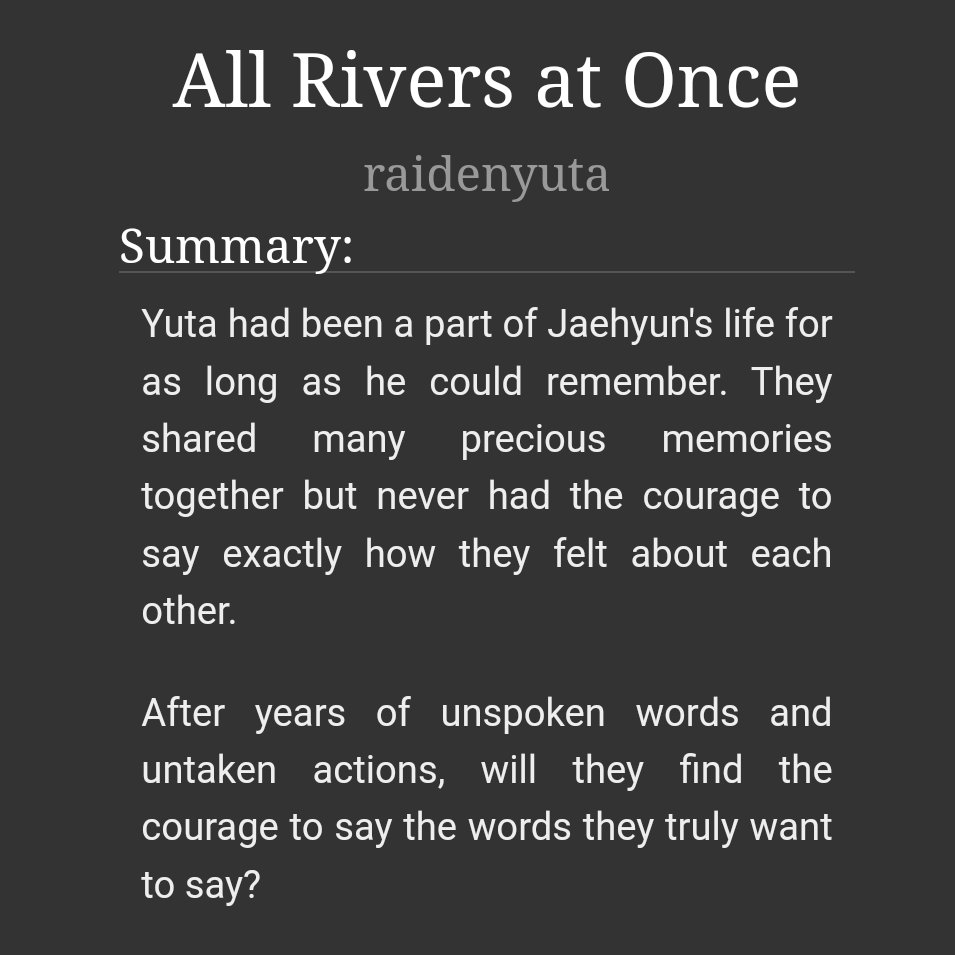 raidenayuta's tweet photo. All Rivers at Once

🌊Yujae/Jaeyu
🌊44,010 words (4/4)
🌊 Friends to Lovers, Slice of Life, Angst, Miscommunication

[https://t.co/8NMFXjzMny https://t.co/SRwIu9fwsn