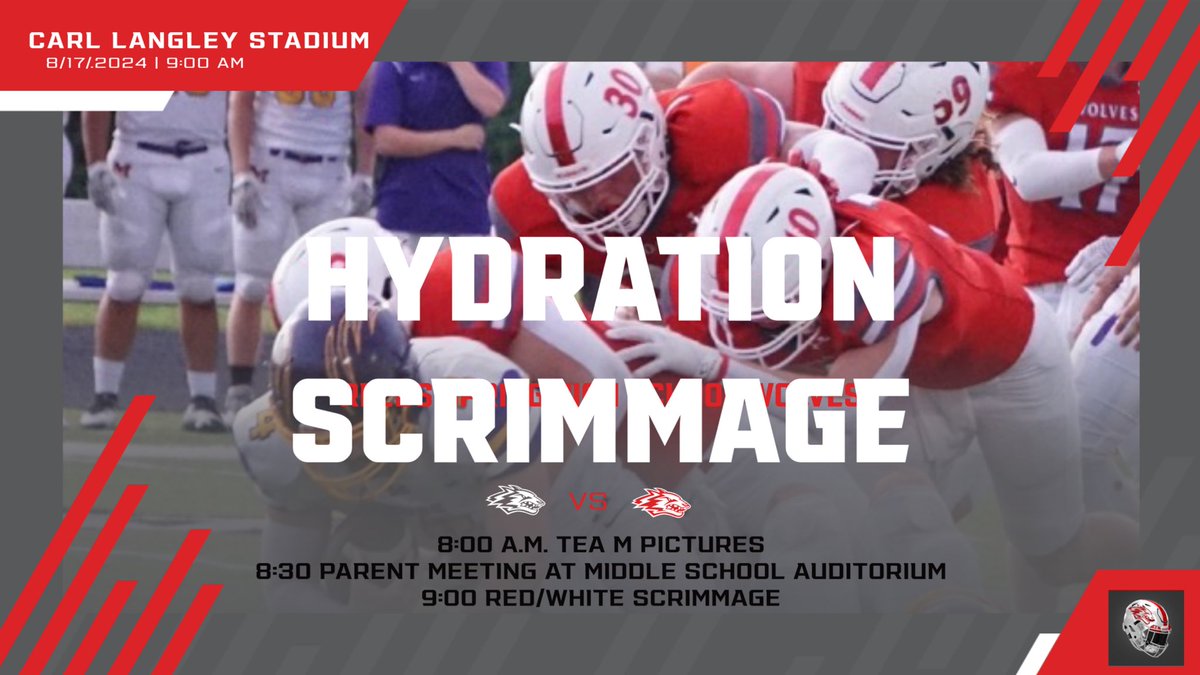 We hope to see everyone Saturday. The admission for the scrimmage is a case of water or Powerade. The parent meeting will start at 8:30 in the middle school auditorium. #GO