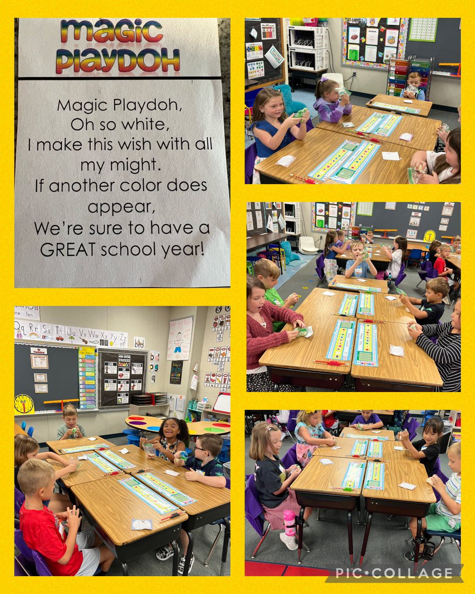 mrsreedyses's tweet photo. What an awesome first day of first grade! We are sure to have an amazing year ahead! Our magic play dough showed us that! 💜💛 #connectses #bulletpride https://t.co/fBTED7KTxe