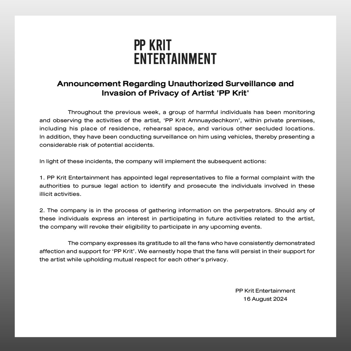 PPKrit_Ent's tweet photo. ประกาศเรื่องมีกลุ่มบุคคลผู้ไม่หวังดีติดตามศิลปิน 'พีพี กฤษฏ์' ในพื้นที่ส่วนตัว ละเมิดสิทธิส่วนบุคคลซึ่งนำไปสู่ความไม่ปลอดภัยกับศิลปินและบุคคลที่เกี่ยวข้อง

——

Announcement Regarding Unauthorized Surveillance and Invasion of Privacy of Artist 'PP Krit'

——

公告：关于一群不怀好意的人在艺人 “PP Krit” 的私人区域跟踪，此举侵犯了艺人及相关人员的隐私权，并导致了安全隐患。

#PPKritEntertainment
#PPKritt