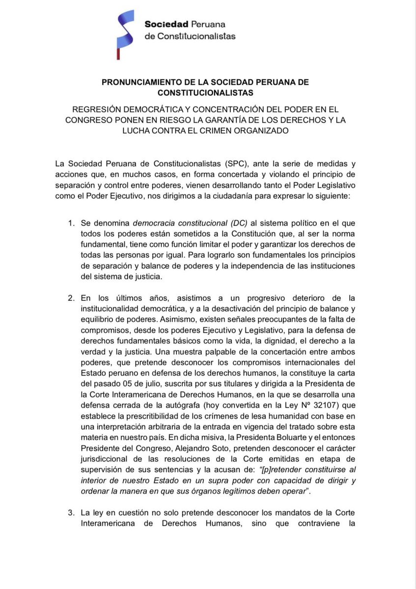 spconsti's tweet photo. Pronunciamiento de la Sociedad Peruana de Constitucionalistas frente al progresivo deterioro de la institucionalidad democrática por decisiones del Gobierno y el Congreso de la República. https://t.co/5BxFf8vU0G