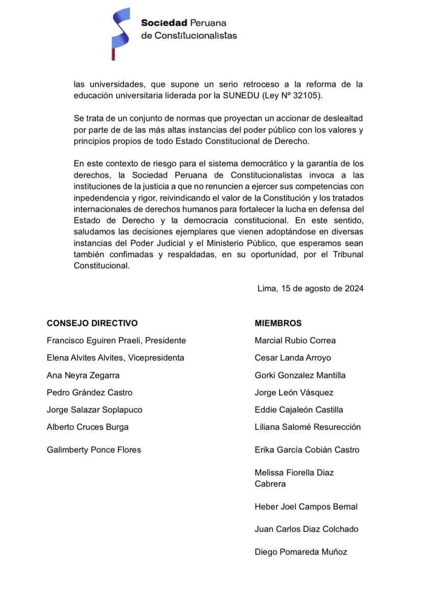Pronunciamiento de la Sociedad Peruana de Constitucionalistas frente al progresivo deterioro de la institucionalidad democrática por decisiones del Gobierno y el Congreso de la República.