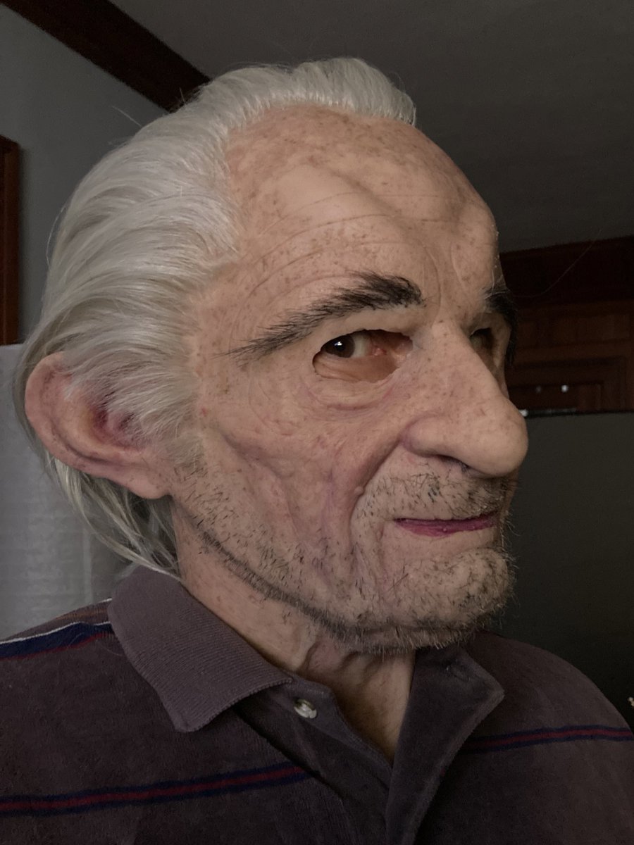 DuskySamCat's tweet image. Unnamed old man mask from a recent private sale. Masker Studios full head mask with custom hair and stubble, it was a deal I couldn’t pass up! Comfortable to wear and a nice fit, the large eyeholes allow excellent vision though I may add makeup next time. He already has a voice!