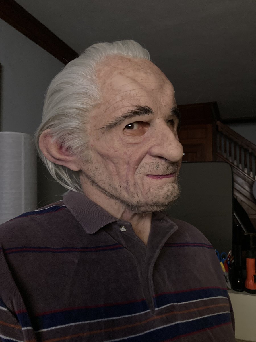 DuskySamCat's tweet image. Unnamed old man mask from a recent private sale. Masker Studios full head mask with custom hair and stubble, it was a deal I couldn’t pass up! Comfortable to wear and a nice fit, the large eyeholes allow excellent vision though I may add makeup next time. He already has a voice!