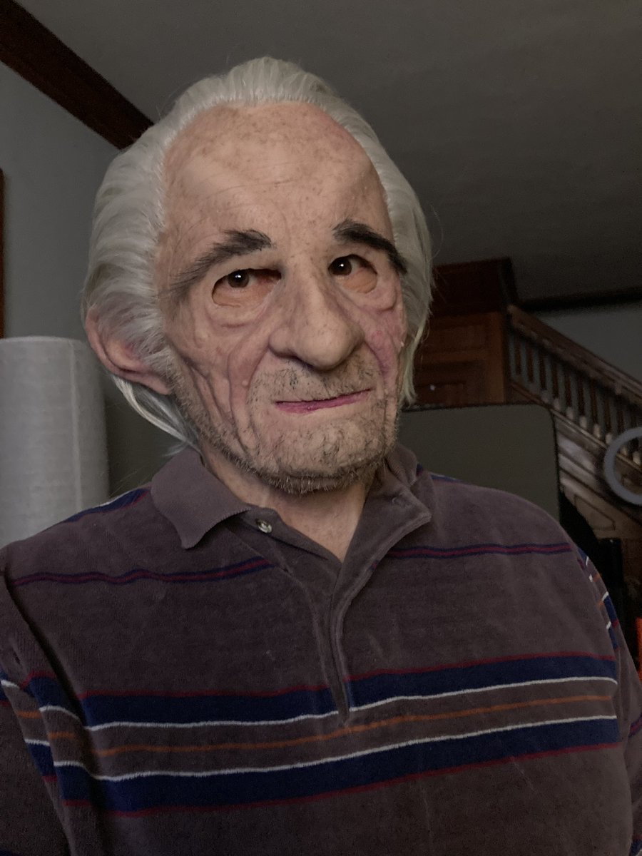 DuskySamCat's tweet image. Unnamed old man mask from a recent private sale. Masker Studios full head mask with custom hair and stubble, it was a deal I couldn’t pass up! Comfortable to wear and a nice fit, the large eyeholes allow excellent vision though I may add makeup next time. He already has a voice!