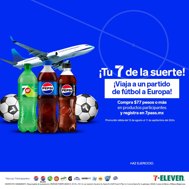 7ElevenMexico's tweet photo. ¡Gana con tu 7 de la suerte! Compra $77 en productos participantes de la familia Pepsi, registra tu ticket en https://t.co/SgeNcVEfCA y disfruta de experiencias inolvidables. Promoción válida del 20 de junio al 11 de septiembre de 2024