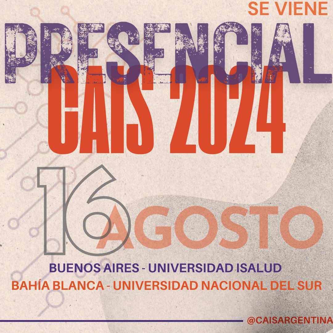 CAIS2024 - Último día nos estamos viendo.
Viernes 16 de Agosto
Mira el programa: linktr.ee/CAIS_Argentina

Notición!!!! - Hay streaming de BUE

#CAIS2024 #SaludDigital #InnovaciónEnSalud #ProgramaCAIS #Conferencias #Talleres #Networking #BuenosAires #BahíaBlanca