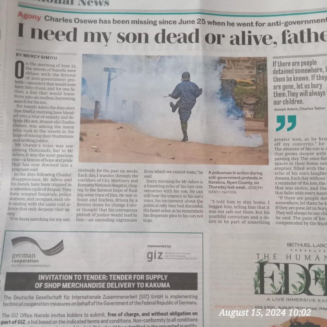 MigunaMiguna's tweet image. To ⁦@WilliamsRuto⁩, conman @RailaOdinga, and ⁦@rigathi⁩, PRODUCE Charles Adero Osewe whom your armed goons abducted on June 25, 2024, dead or alive! We condemn abductions, torture, disappearances and murder! #RutoMustGo #RutoNaRailaMustGo