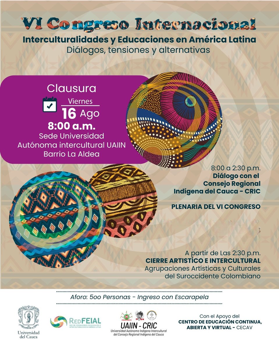 LaRedFEIAL's tweet photo. Este viernes 16 de agosto desde muy temprano se inicia la clausura del VI Congreso Internacional de la RedFEIAL en la sede de la Universidad Autónoma Indígena Intercultural - #UAIIN - con un aforo para 500 personas, en la ciudad de #Popayán, el Cauca. https://t.co/d35oh4qrLj https://t.co/SlZH5pPcrv