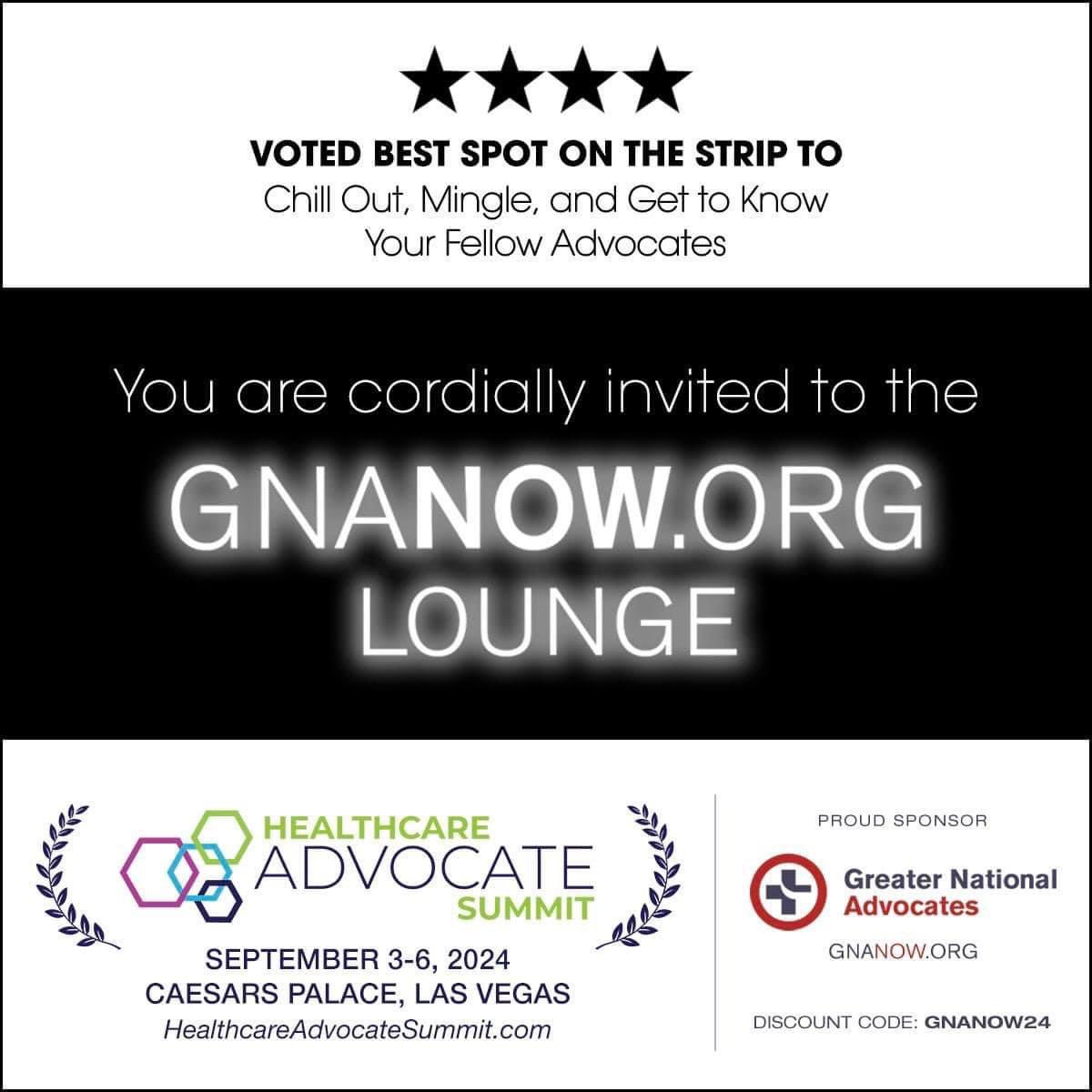 For those attending the Healthcare Advocate Summit, please take advantage of the GNANOW.ORG Lounge. It’s the perfect place to make friends and make plans to change healthcare. See Y’all in Vegas!

#patientadvocacy #healthcareadvocacy 
#foradvocates