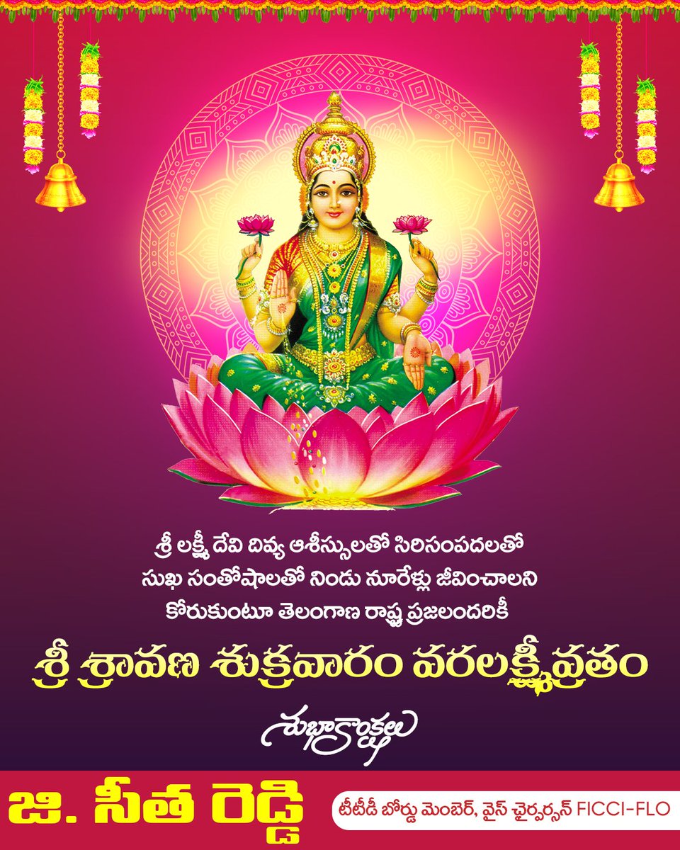 seethareddyg's tweet photo. శ్రీ లక్ష్మీ దేవి దివ్య ఆశీస్సులతో నిండు నూరేళ్లు జీవించాలని కోరుకుంటూ...

తెలంగాణ రాష్ట్ర ప్రజలందరికీ శ్రీ శ్రావణ శుక్రవారం వరలక్ష్మీవ్రతం శుభాకాంక్షలు.

@DrRanjithReddy https://t.co/yEcsVyYD28