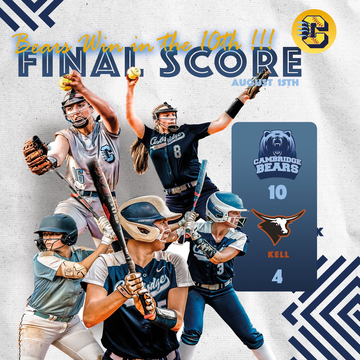 Bears Win in the 10th Inning !!! 10-4 Let’s Go!!! Great team effort all the way around. 3 Homers in the 10th by Alex Becker, Anna Setterlind, and Brekkyn Stucke sealed Kell’s fate. Amazing pitching by Eve Roszkowski thru 7 innings and Lily Kimball closing it out.