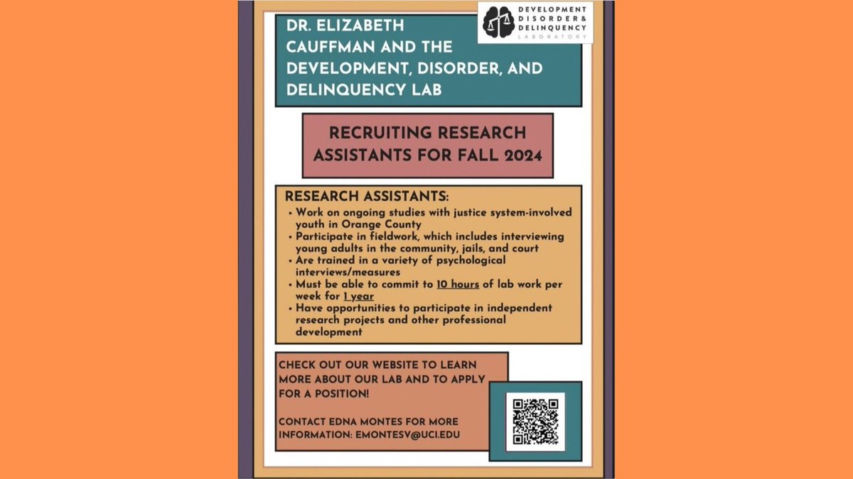 The Development, Disorder, &amp; Delinquency (3D) Lab led by <a href="/UCIrvine/">UC Irvine</a> psychological science Professor <a href="/EECauffman/">Elizabeth Cauffman</a> is recruiting research assistants for a one-year commitment beginning this Fall quarter. Please scan the QR code for more information.
