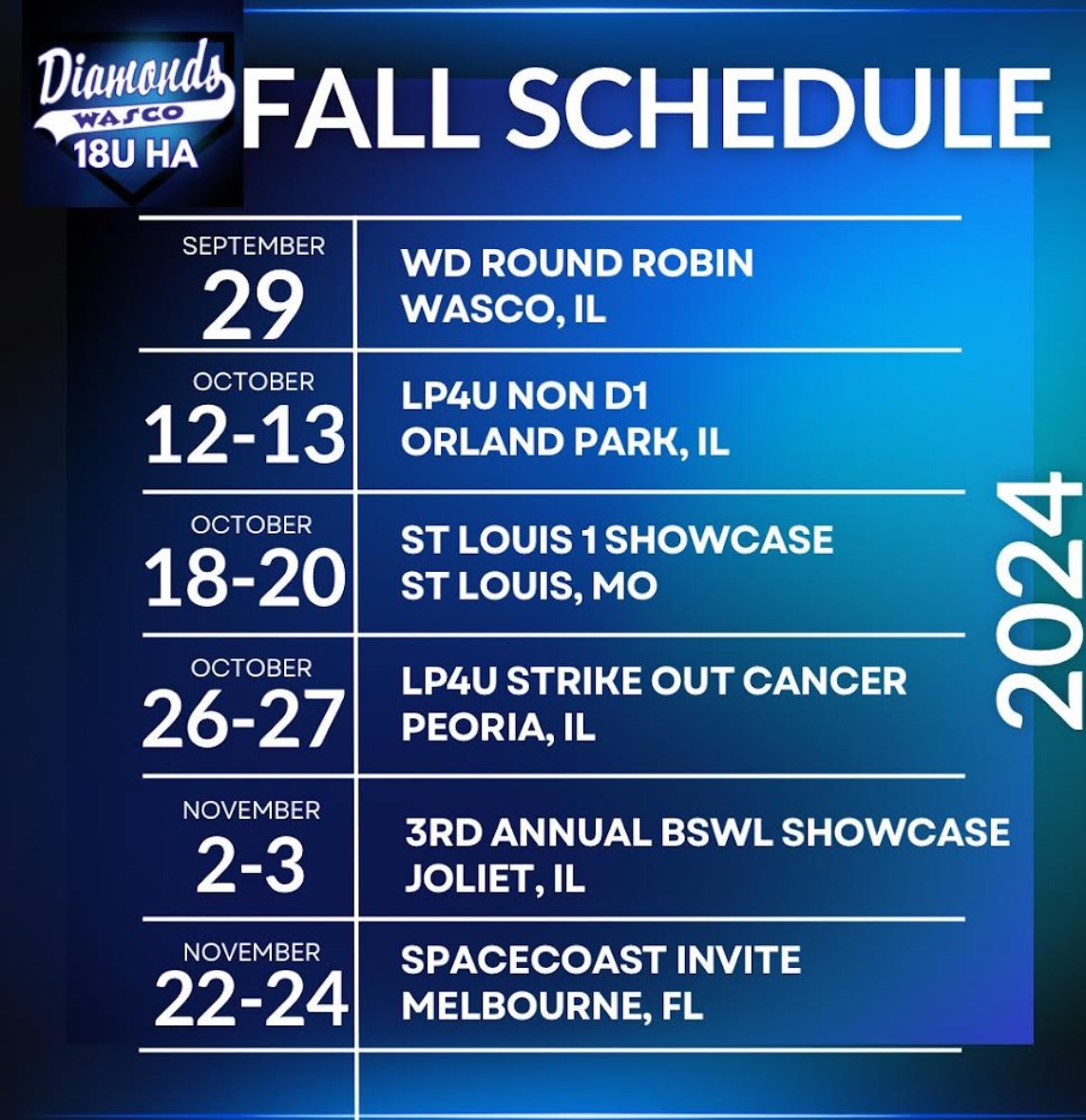 We are ready for Fall &amp; to get our 18uHA team back together.  Cannot wait to see all this group accomplishes this season.  T-Minus 4️⃣4️⃣ days until first pitch! 💎🥎
