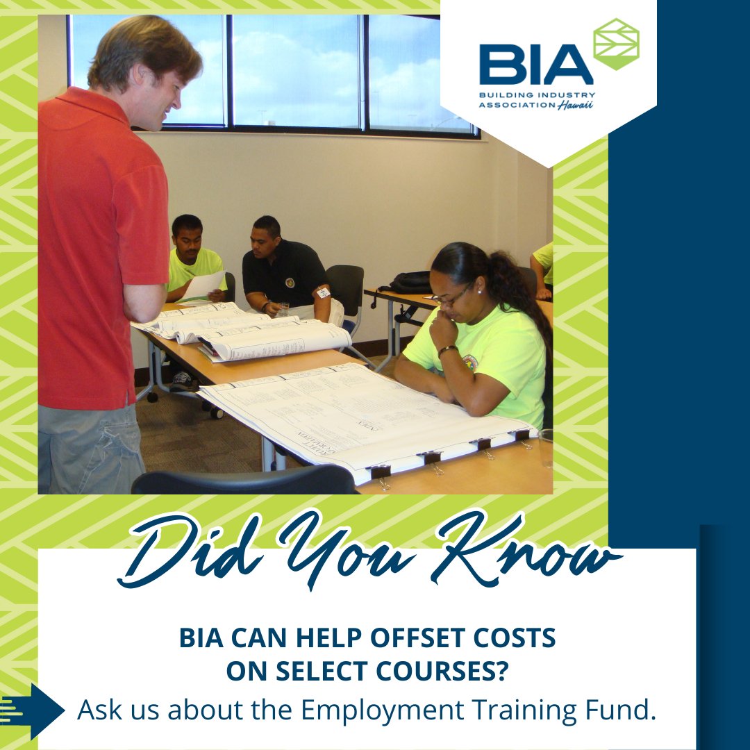 BIAHawaii's tweet photo. Did you know BIA can help offset costs on select courses? Ask us about the Employment Training Fund.

#BIAHawaii #HawaiiBuildingIndustry #BuildingIndustryHawaii #BuildingHawaii #HawaiiHomes #ctceducation https://t.co/26quH0VDDg
