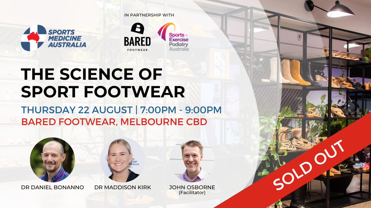 Our 'Science of Sport Footwear' event in Melbourne next week is SOLD OUT!

Huge thanks to SMA's VIC State Council and to our partners, <a href="/Baredfootwear/">Bared Footwear</a> and <a href="/SEPA_National/">SEPA</a>. We look forward to an evening of learning and networking.

👀 View upcoming events: zurl.co/s60Z
