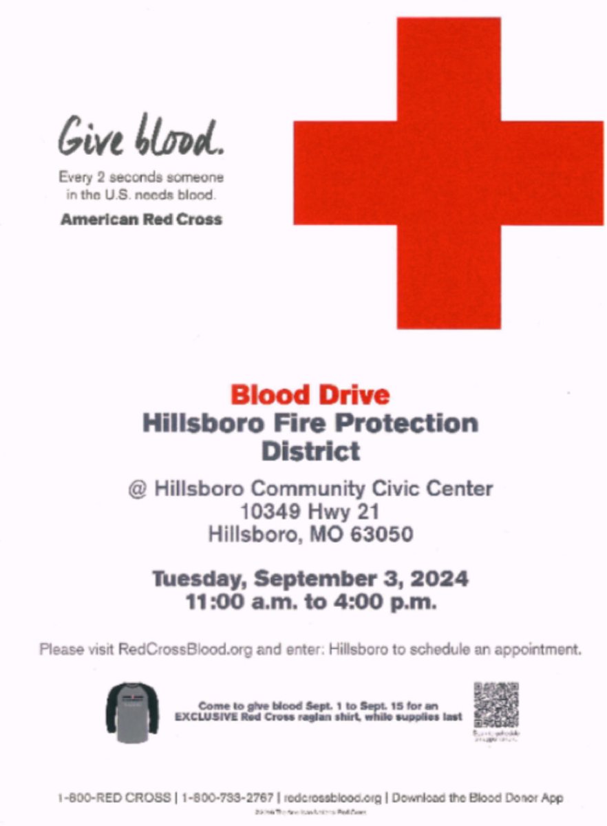 Save the date!!! The Hillsboro Fire Protection District is hosting a blood drive on September 3rd.

Click the link to register
redcrossblood.org/give.html/driv…
( for Date range please insert September 3rd)