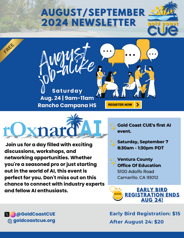 2 great events coming up.  The Kickoff Job Alike on Saturday, August 24th at Rancho Campana HS &amp; #rOxnard AI on Saturday, September 7th at VCOE.  Register now!  goldcoastcue.org