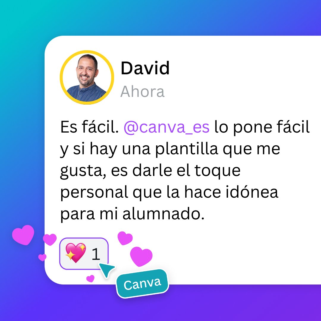¿Por qué los profes aman <a href="/CanvaEdu/">Canva Education</a>? 💖

<a href="/daviduvimb/">David Montejano Bravo</a>, #Canvassador de <a href="/canva/">Canva</a> para Educación, nos comparte aquí su experiencia.  ¿Te gustaría contarnos la tuya? Dejo aquí el formulario: forms.gle/Bf7Qv8ieuboL3X…

#VueltaAlCole #CanvaEdu #CanvaLove #claustrovirtual