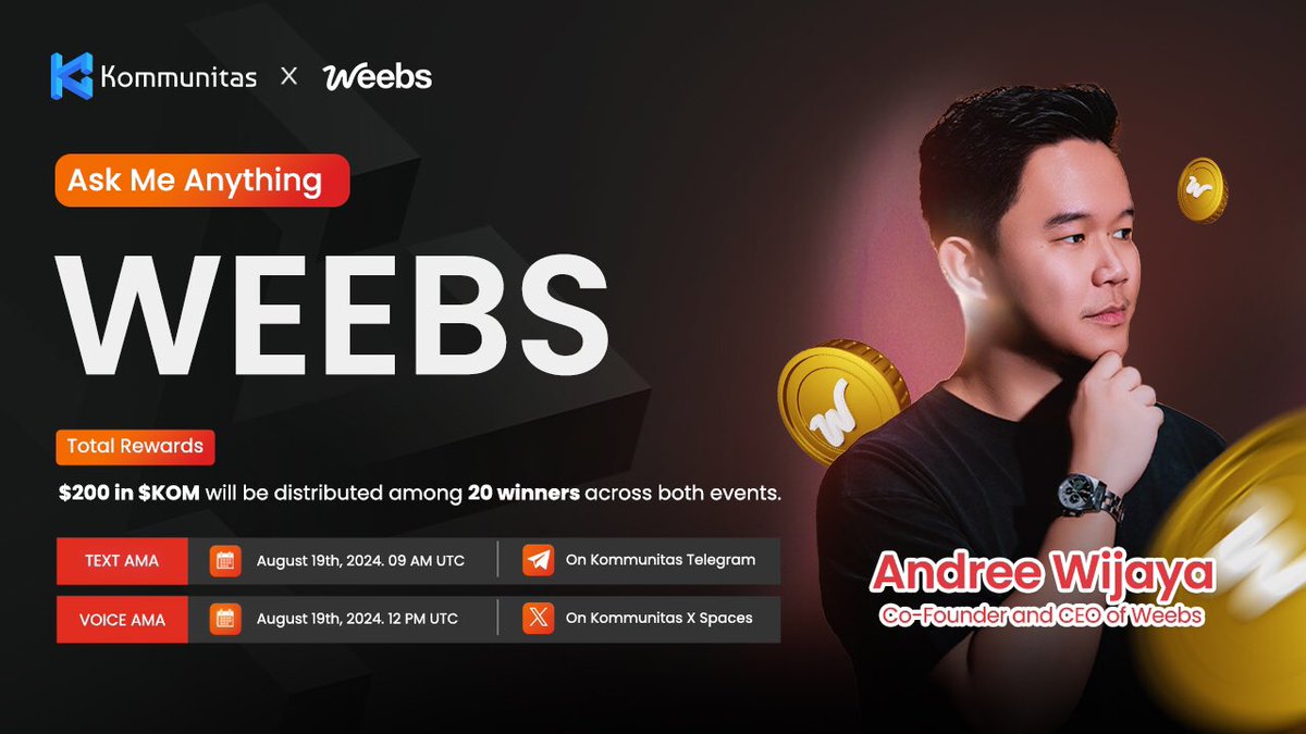 Kommunitas Official (@kommunitasnet) on Twitter photo Join us for an exclusive AMA with Andree Wijaya, the Co-Founder and CEO of <a href="/Weebs_app/">Weebs.app</a> ! ๐
๐๏ธ Mark your calendars:
๐ฌ Text AMA: August 19th, 2024 - 09 AM UTC (on Kommunitas Telegram)
๐๏ธ Voice AMA: August 19th, 2024 - 12 PM UTC (on Kommunitas X Spaces)
๐ธ $200 in $KOM to be won Join us for an exclusive AMA with Andree Wijaya, the Co-Founder and CEO of <a href="/Weebs_app/">Weebs.app</a> ! ๐
๐๏ธ Mark your calendars:
๐ฌ Text AMA: August 19th, 2024 - 09 AM UTC (on Kommunitas Telegram)
๐๏ธ Voice AMA: August 19th, 2024 - 12 PM UTC (on Kommunitas X Spaces)
๐ธ $200 in $KOM to be won