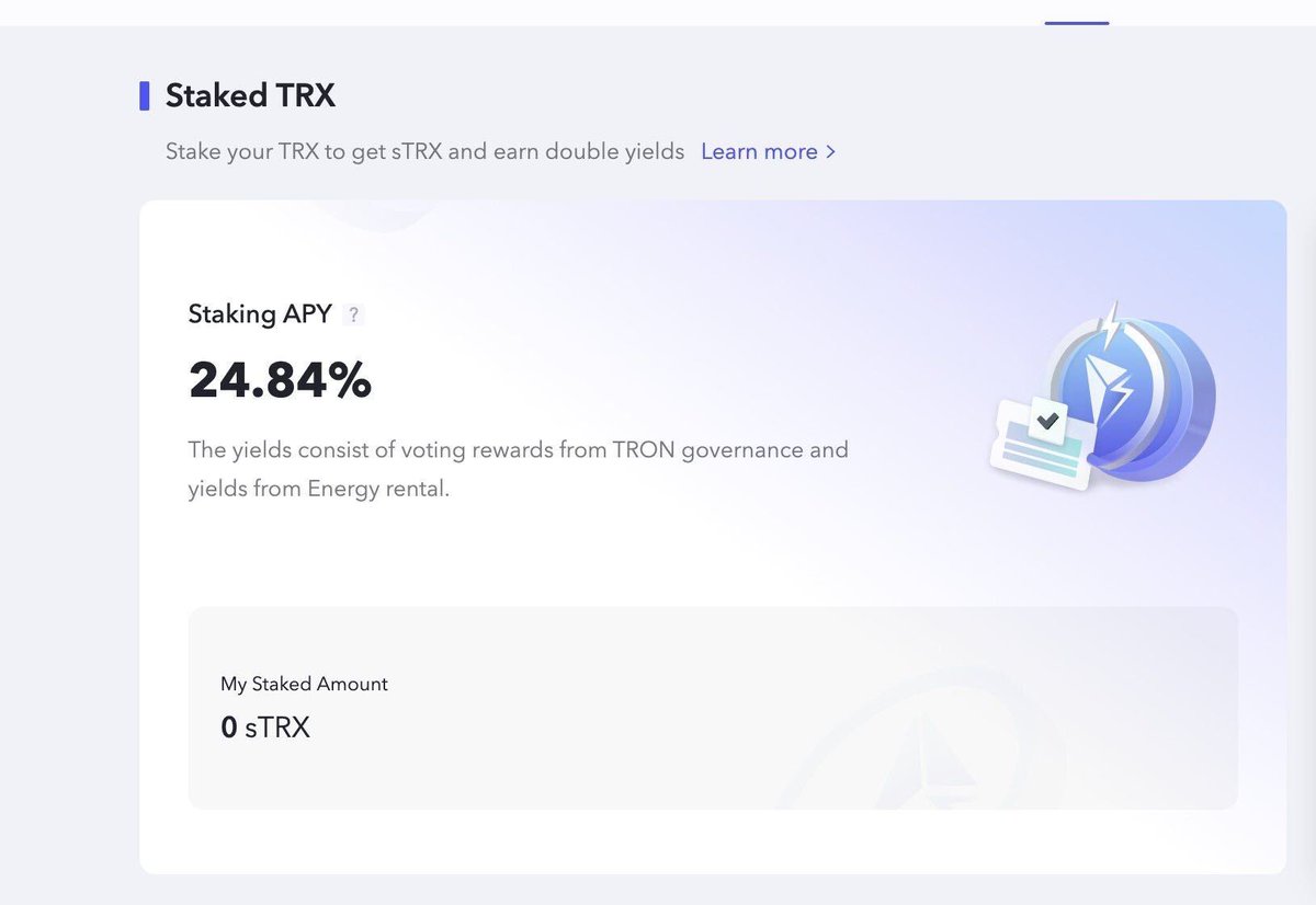 我使用Lido质押ETH，目前可获得稳定的4%零风险收益。波场协议中零风险的#TRX 质押 产品是什么？答案是sTRX，年化收益率达24.84%，是以太坊的6倍多。质押地址： https://t.co/y2Pr6gKMPz