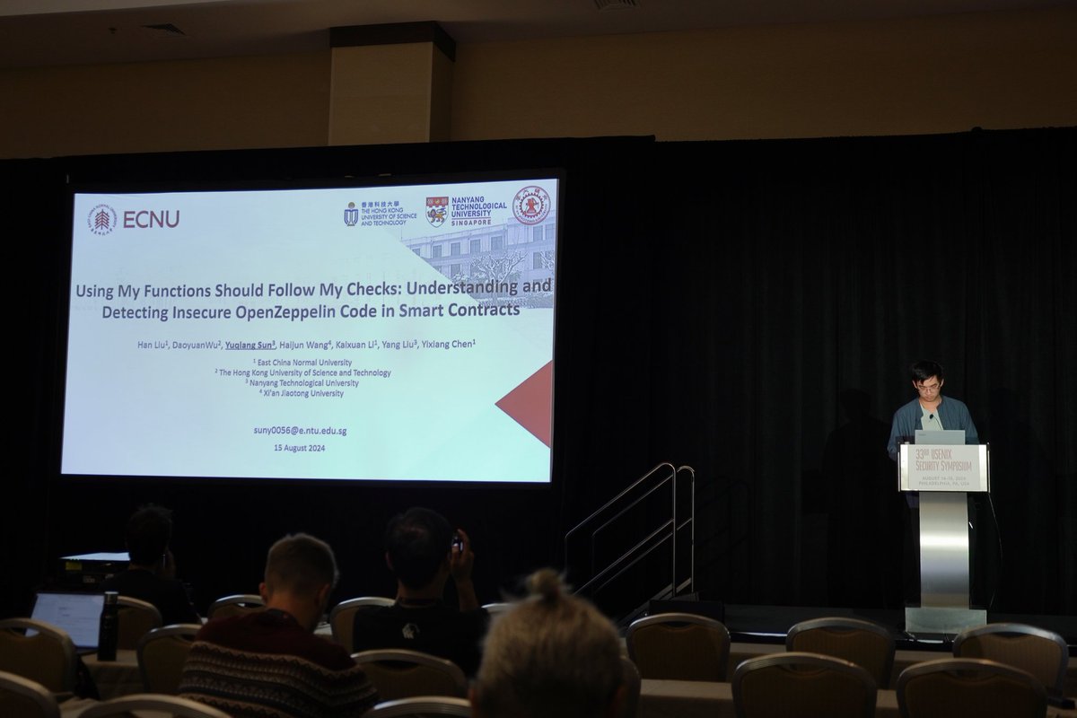Izaiah Sun (@izaiahsun) on Twitter photo Today I've presented the paper "Using My Functions Should Follow My Checks: Understanding and Detecting Insecure OpenZeppelin Code in Smart Contracts" at USENIX Security 2024 <a href="/USENIXSecurity/">USENIX Security</a>. The paper is under the collaboration with <a href="/MagkDao/">Dao</a>, <a href="/LiuHan555/">Liu Han</a> and <a href="/MetaTrustLabs/">MetaTrust Labs</a>. Today I've presented the paper "Using My Functions Should Follow My Checks: Understanding and Detecting Insecure OpenZeppelin Code in Smart Contracts" at USENIX Security 2024 <a href="/USENIXSecurity/">USENIX Security</a>. The paper is under the collaboration with <a href="/MagkDao/">Dao</a>, <a href="/LiuHan555/">Liu Han</a> and <a href="/MetaTrustLabs/">MetaTrust Labs</a>.