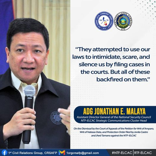 1CRGCRSAFP's tweet photo. ADG Malaya underscored that the cases filed against them were attempts to intimidate and silence them, but these efforts ultimately failed and backfired.
#JhedAndJonilaPetitionDismissed
#FAQcheck
#BagongPilipinas
#NTFELCAC https://t.co/0qK22XGfX8