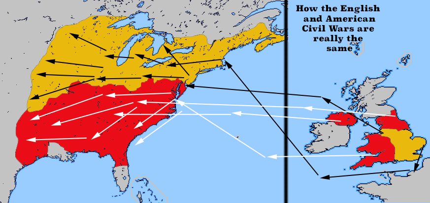 This is a map I made of how the same ancestral groups which fought the English civil war also fought the American civil war.