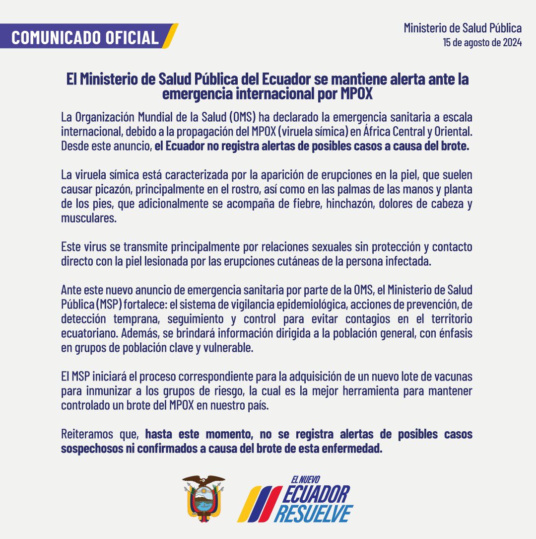Salud_Ec's tweet photo. #ComunicadoOficial | @opsoms ha declarado la emergencia sanitaria a escala internacional, debido a la propagación del MPOX (viruela símica) en África Central y Oriental. Desde este anuncio, el Ecuador no registra alertas de posibles casos a causa del brote https://t.co/hEIOtwautq https://t.co/6DFyF8c9hz