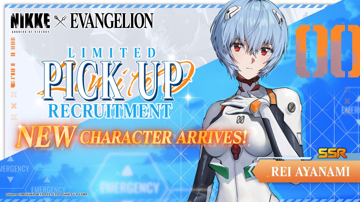 NIKKE_en's tweet photo. 【Collaboration Limited Pick Up Recruitment Notice】

A new character and Pick Up recruitment event will begin simultaneously! 🎉

◆Collaboration Character
Rei Ayanami

◆Period
8/29 05:00～9/19 04:59 (UTC+9)

※In the version update after Limited-Time Recruitment ends, Rei will not be available in Ordinary Recruit, New Commander Special Recruit, Ordinary Recruit (Tutorial), Social Point Recruit, Mileage Shop and from Mold items.

#NIKKE
#NIKKExEVA
#ReiAyanami