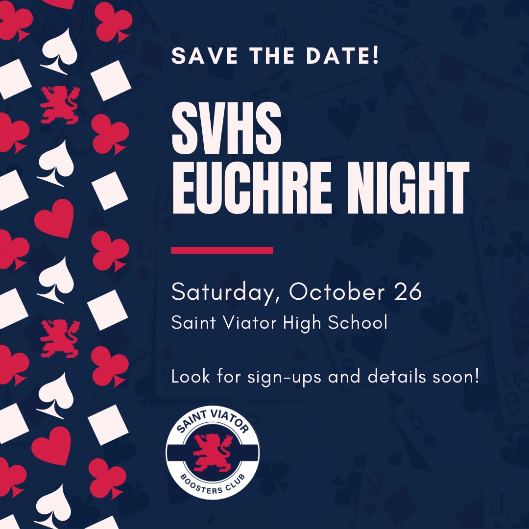 SVLionsBoosters's tweet photo. Save the Date! 🎉
Get ready for a fun-filled night of cards and camaraderie! Join us for Euchre Night sponsored by Boosters on October 26. 
✨🃏♠️❤️♣️♦️🃏✨ https://t.co/xwXPPzq7AS