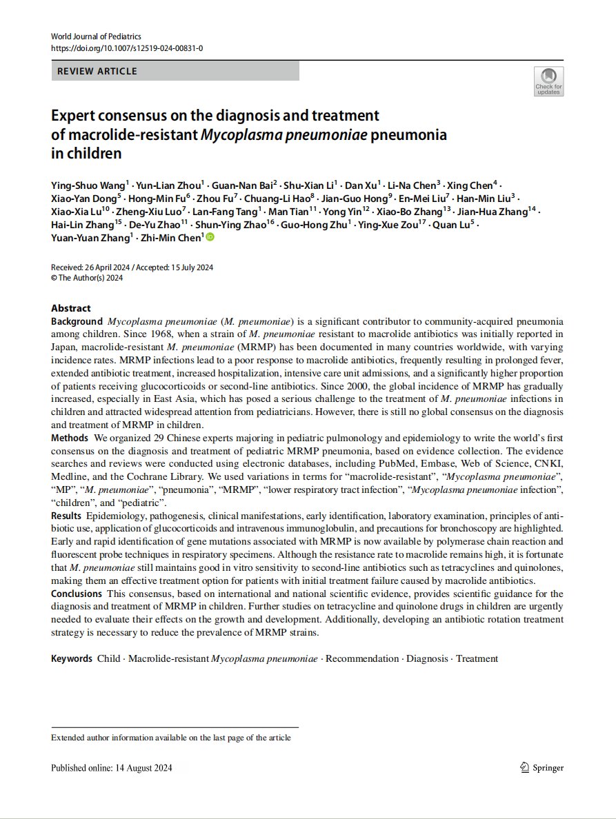 World_J_Pediatr's tweet photo. A new #Consensus provides guidelines for diagnosing and treating macrolide-resistant #Mycoplasma pneumoniae in children.
#MedEd #SoMe4PedSurg #Pediatrics #MRMP #ChildHealt #PediatricInfectiousDisease #MRMP #Pneumonia
https://t.co/LVgzoDrVSw https://t.co/ENcrjA5K5N