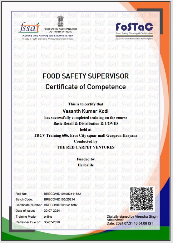 kodivasanth's tweet photo. Just completed my Food Safety Supervisor training! Ensuring top-notch safety &amp; quality at VDK Nutrition Club because your health is our top priority. Let's keep raising the bar together! 💪🍽️ #FoodSafety #WellnessJourney #VDKNutritionClub https://t.co/jXhgtKOrVI