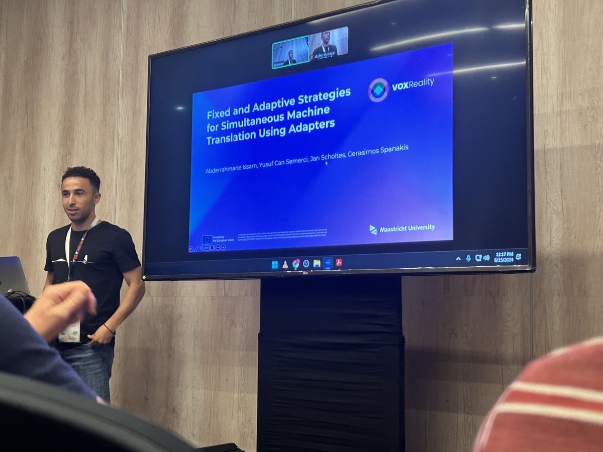 Happening now 🎤 <a href="/abdrahman_issam/">Abderrahmane Issam</a> on stage of <a href="/iwslt/">IWSLT</a> 

#nlproc #acl2024nlp <a href="/VOXReality_eu/">VOXReality</a>